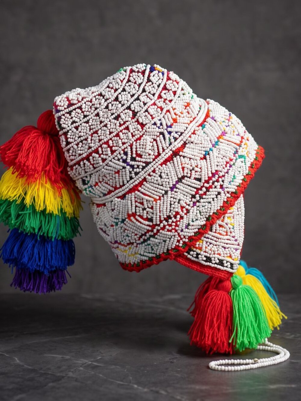 Andean Chullo Beanie – Embroidered, Beaded, and Pom-poms – Warm Winter Hat